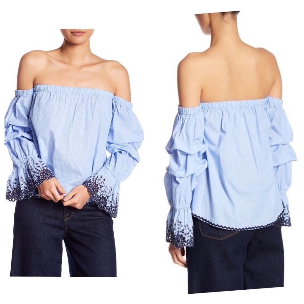 ZARA Blue Off The Shoulder Embroidered Blouse